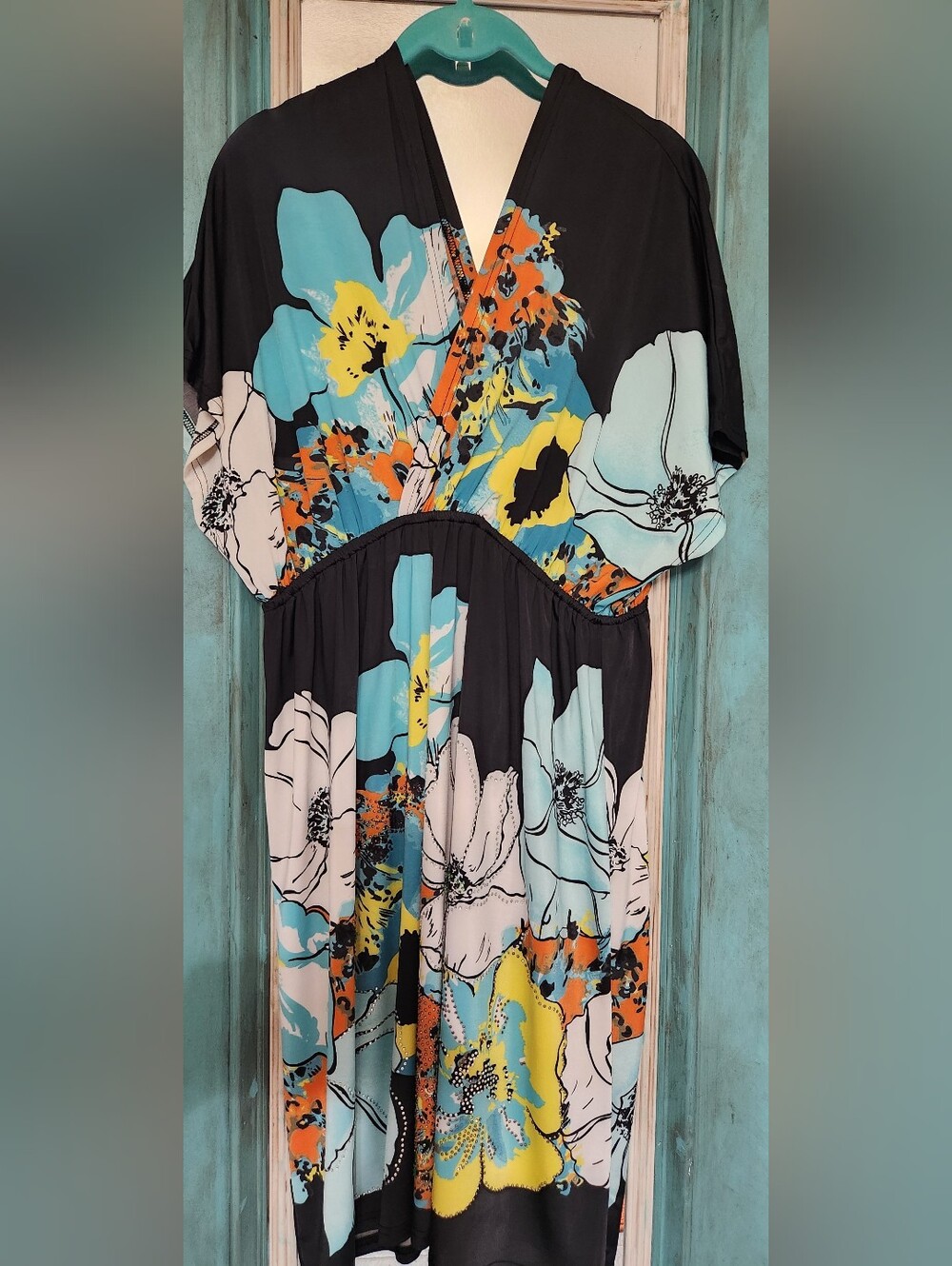 Black Floral V-Neck Midi Dress with Blue & Yellow Accents